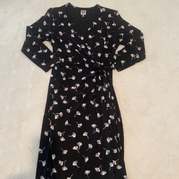 Anne Klein Faux Wrap ¾ Sleeve Black, Gray & Taupe Print Dress – MEDIUM - Picture 8 of 15